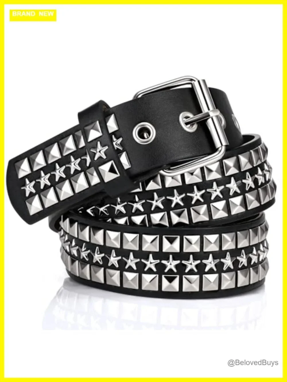 Black Studded Punk Belt with Silver Grommets for Men Women, Faux Leather
